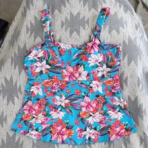 Lands' End Bright Turquoise Floral Flutter Tankini Topwith Pink and White Bloom